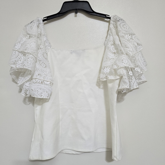 BOSTON PROPER Square Neck Crochet Ruffle Sleeve Stretch Blouse Large Off-White - Picture 11 of 16